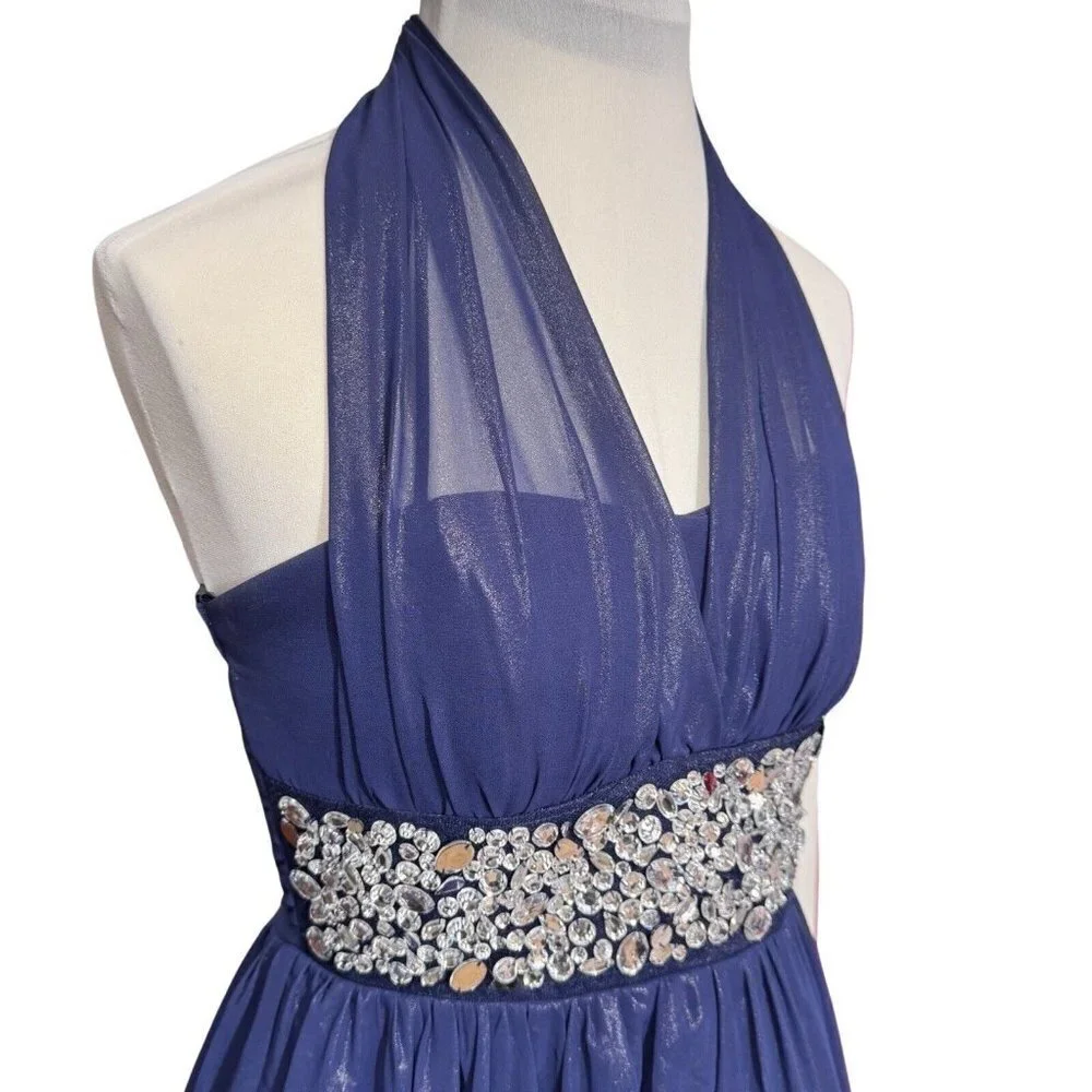 JODI KRISTOPHER Blue Rhinestone Halter Dress Juniors Size 3 Prom Cocktail Party‎ - Picture 8 of 11